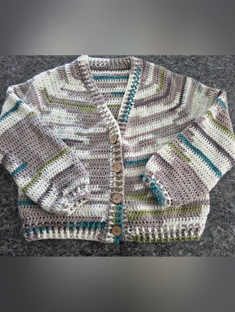 Crocheted Striped V-Neck Cardigan Sweater - Gray & Cream P2P 20.5"